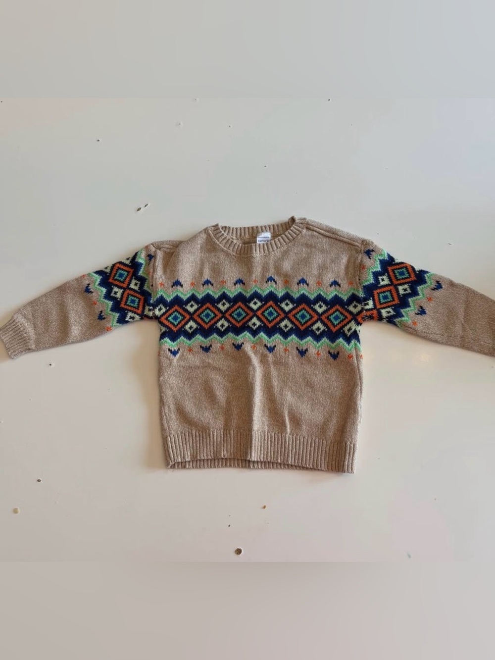 Beige Fair Isle Crewneck Sweater for kids